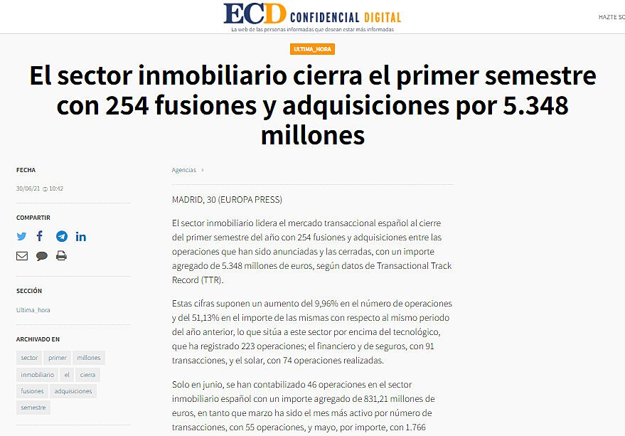 El sector inmobiliario cierra el primer semestre con 254 fusiones y adquisiciones por 5.348 millones